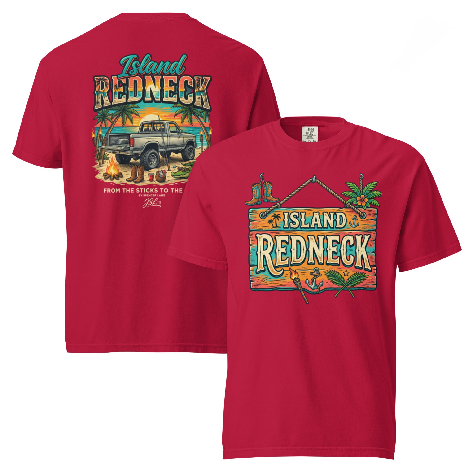 Red lyric graphic T-shirt with front and back prints, island redneck design