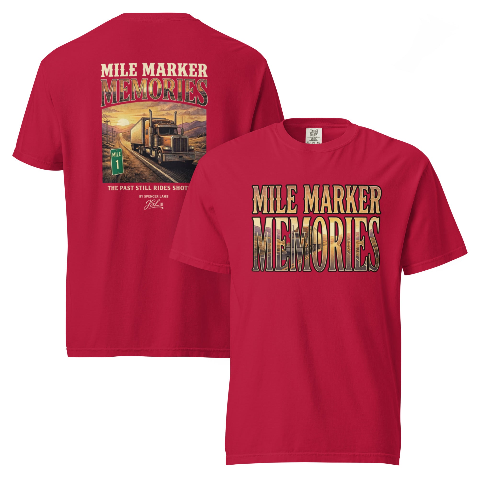 Red lyric graphic T-shirt with large back and front text-and-photo print