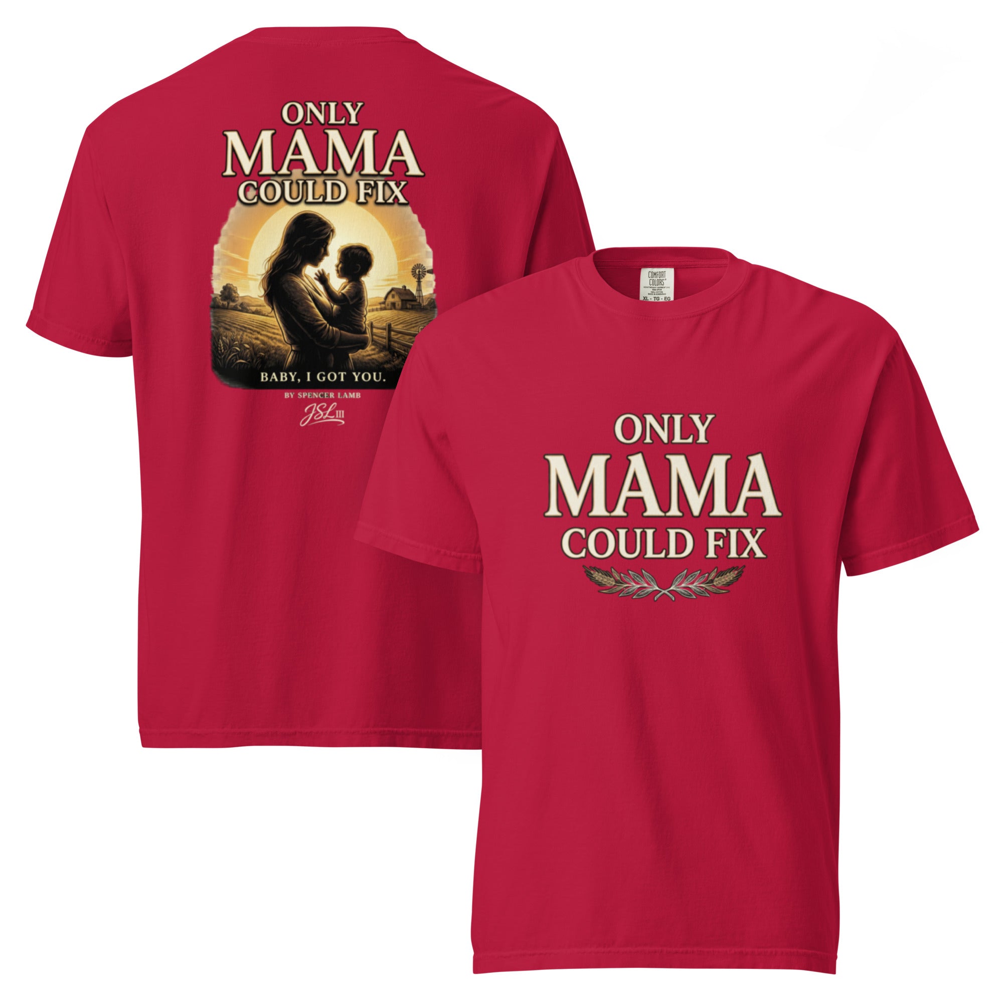 Red unisex T-shirt with front and back graphic text print
