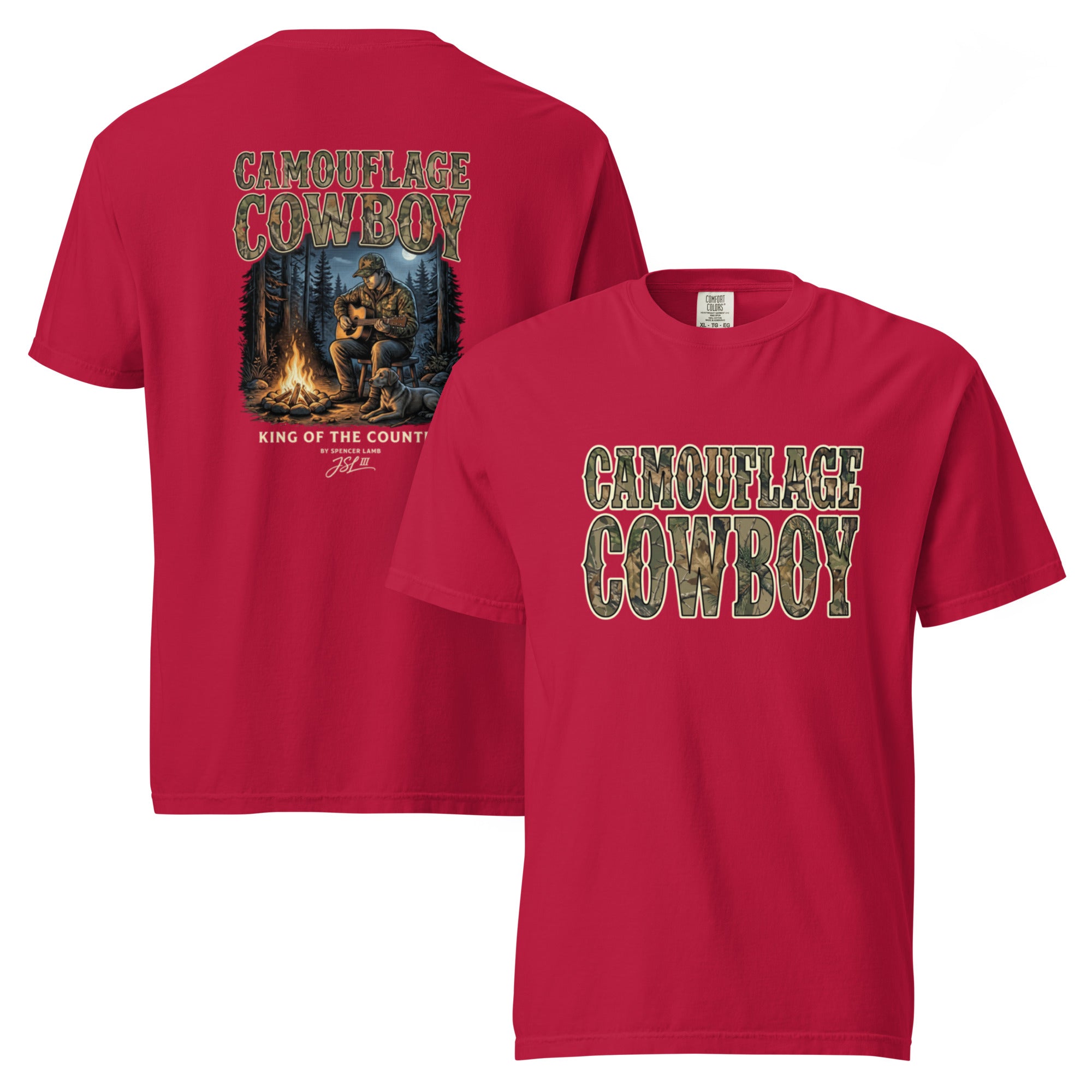 Unisex T-shirt, red, back cowboy and bear graphic with flames