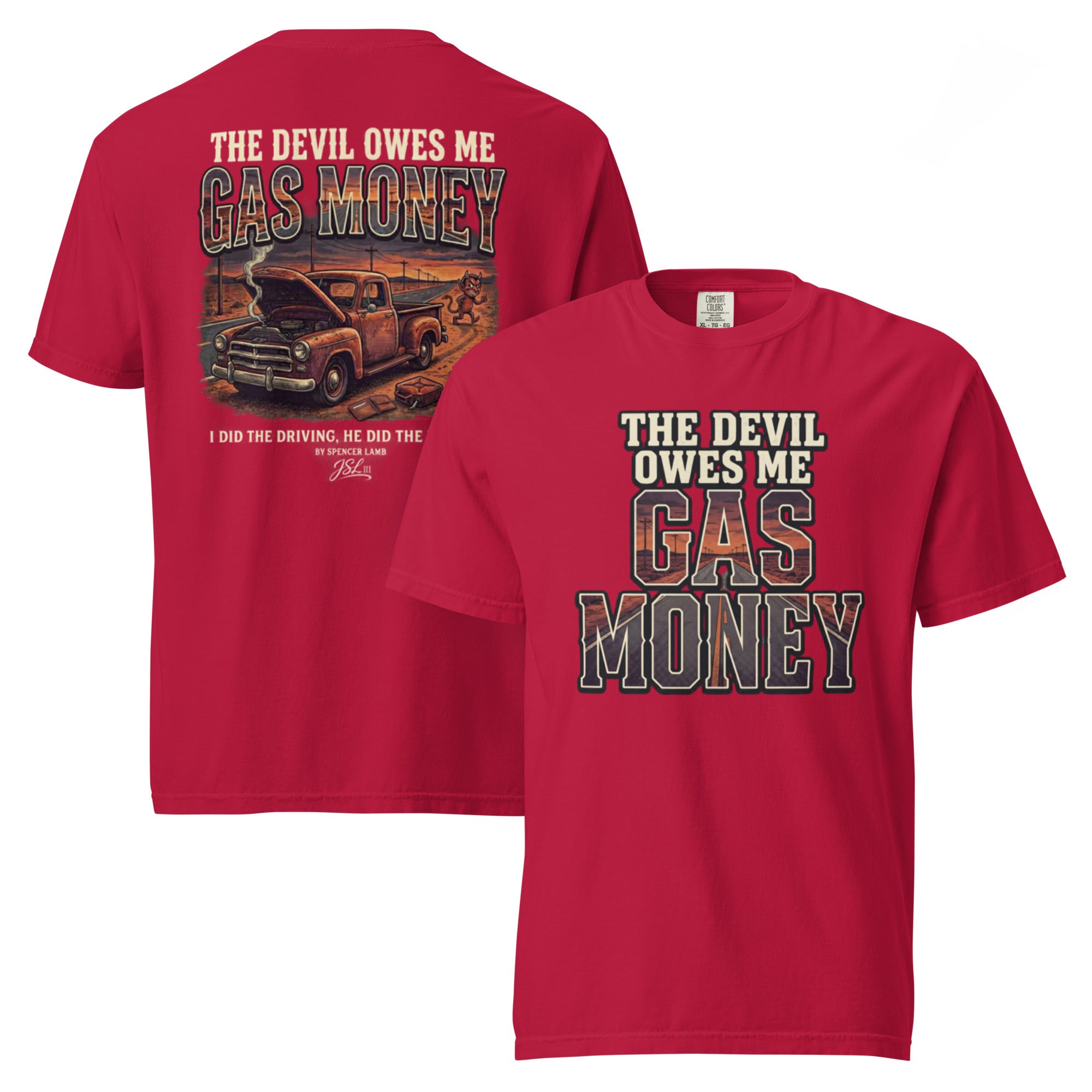 Red unisex T-shirt with Gas Money truck graphic and lyric text