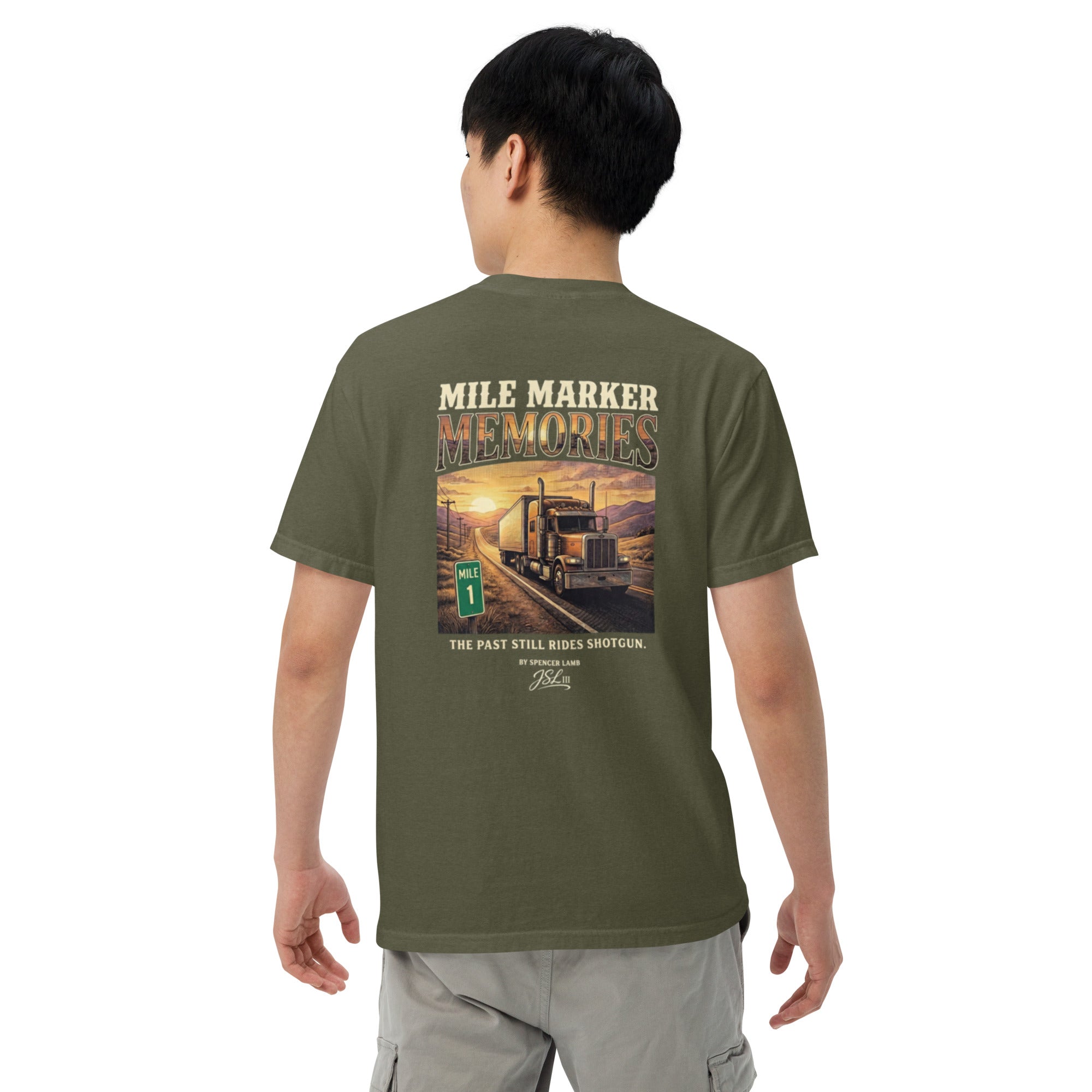 Olive lyric graphic T-shirt on model, back text-and-photo print