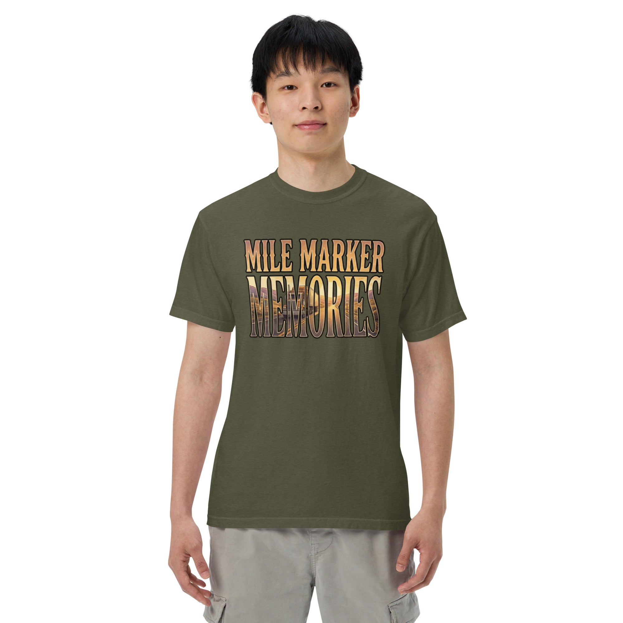 Olive lyric graphic T-shirt on model, front text-and-photo print