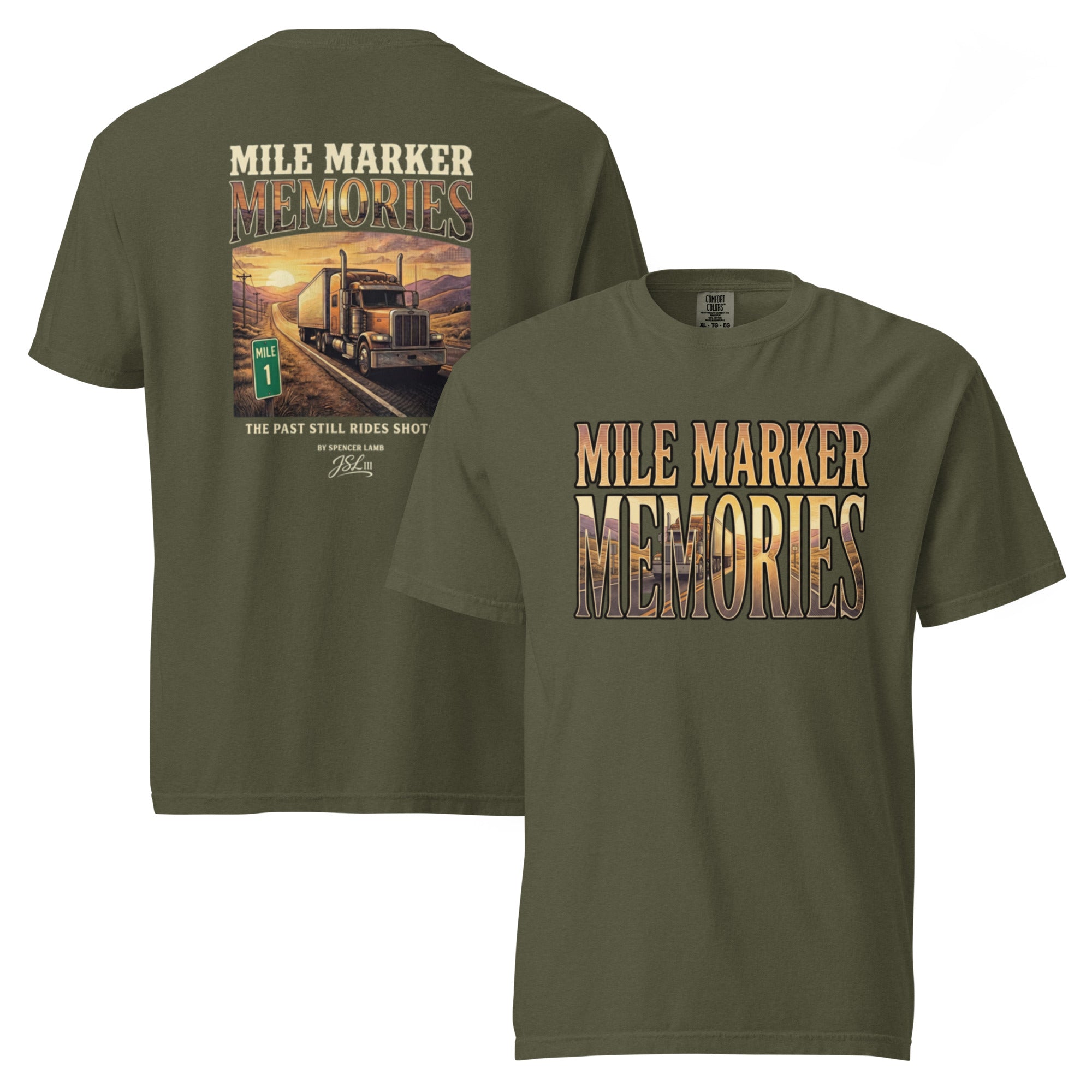 Olive lyric graphic T-shirt with large back and front text-and-photo print