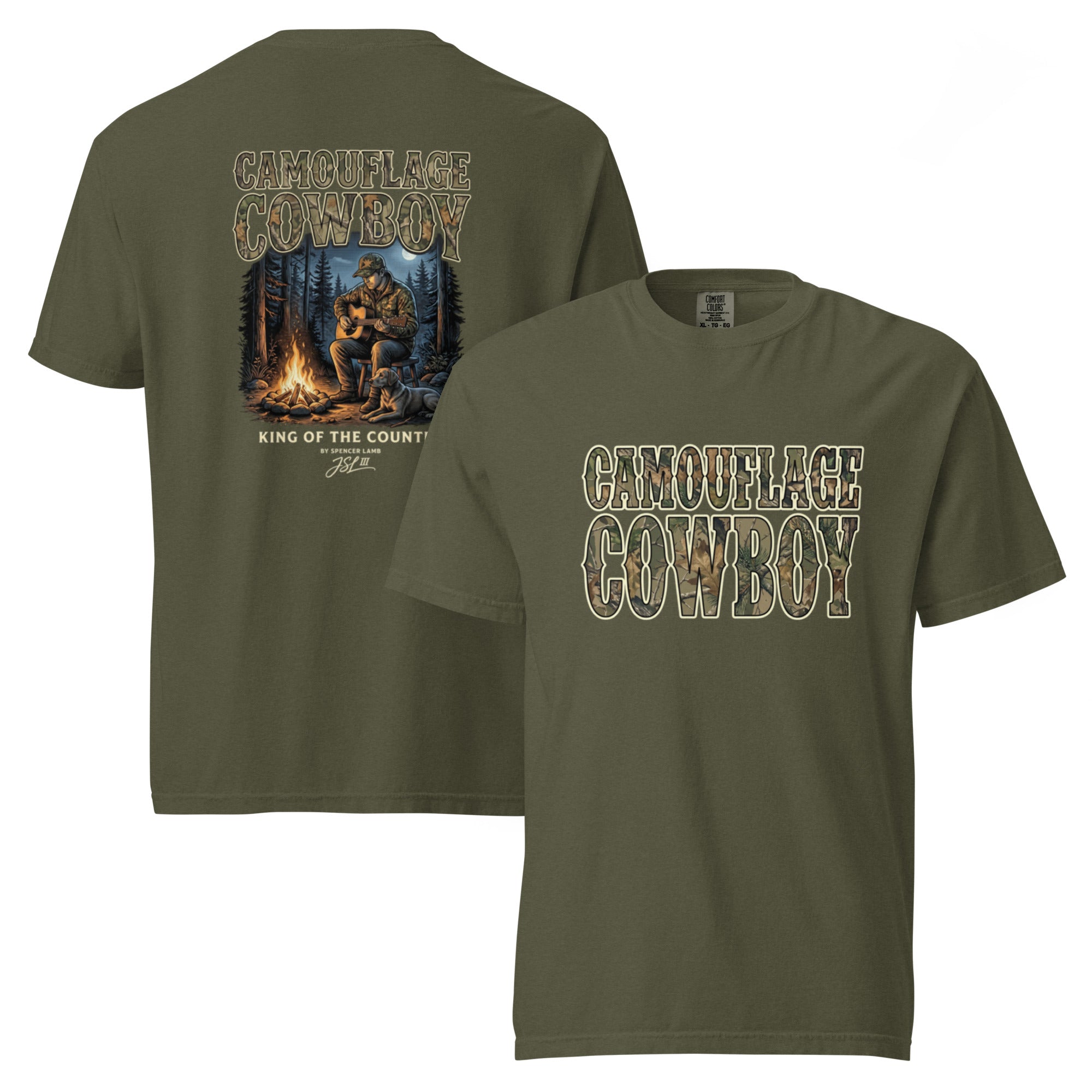 Unisex T-shirt, dark olive green, back cowboy and bear graphic with flames