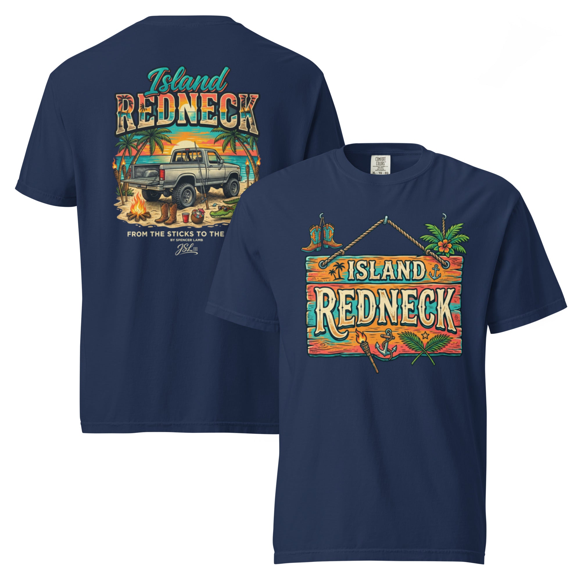 Navy lyric graphic T-shirt with front and back prints, island redneck design