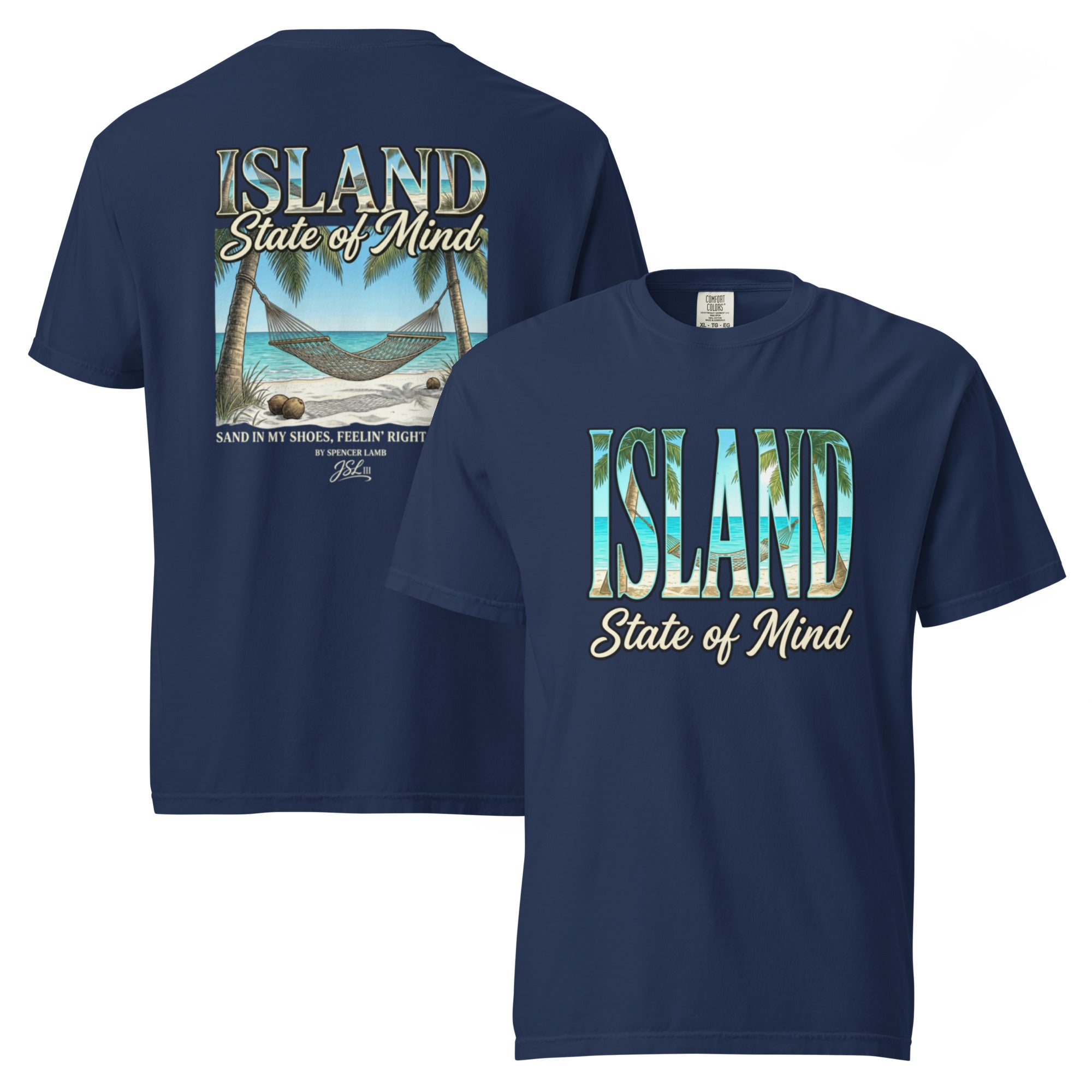 Blue unisex T-shirt with front Island State of Mind graphic and small back text design