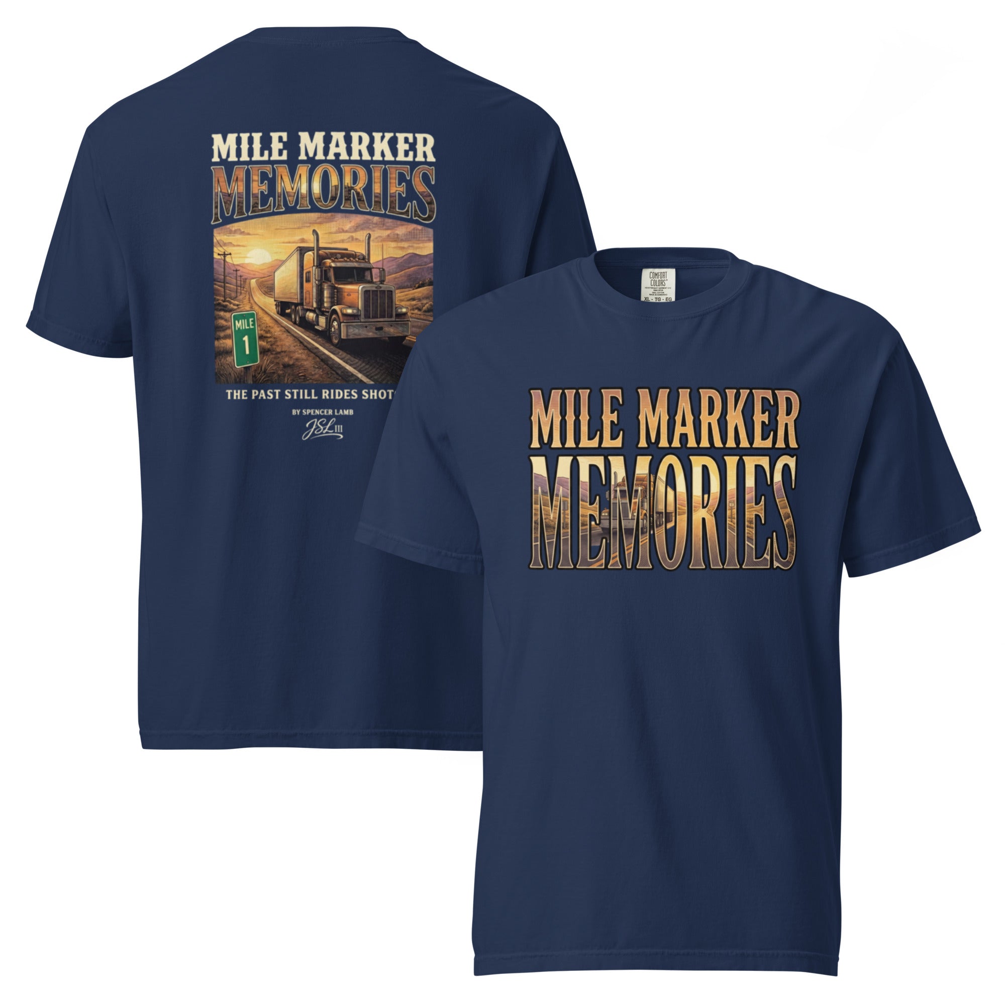 Navy lyric graphic T-shirt with large back and front text-and-photo print