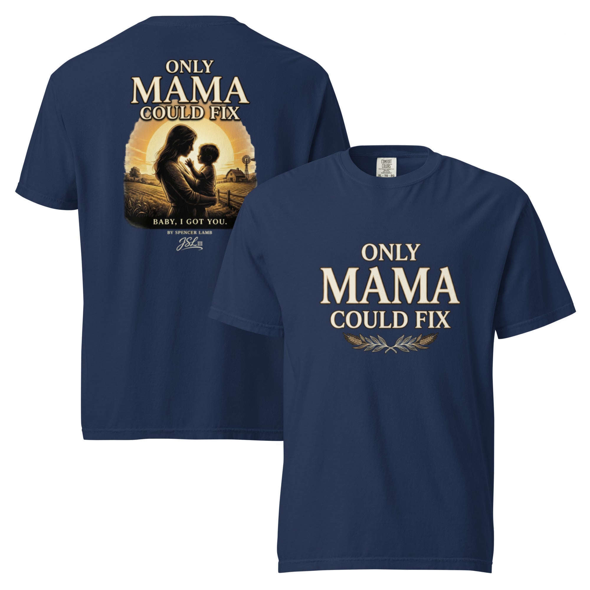 Navy unisex T-shirt with front and back graphic text print