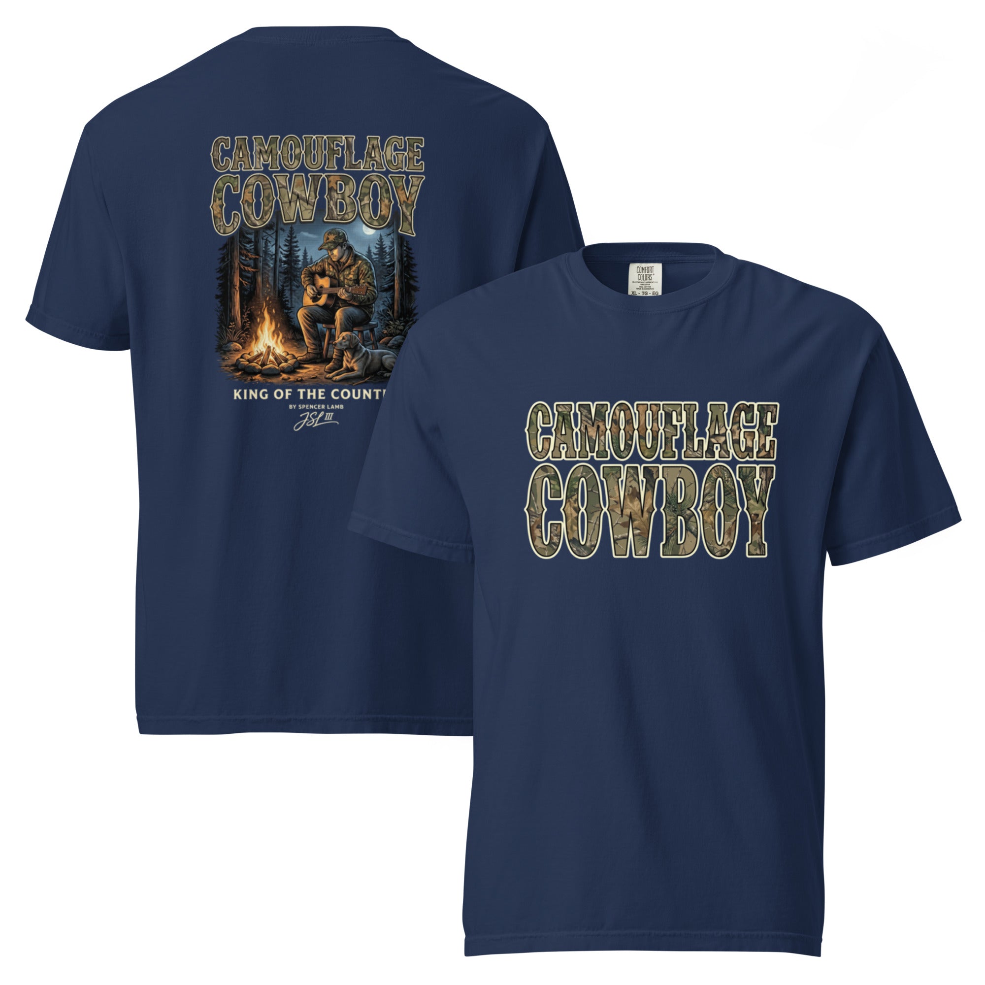 Unisex T-shirt, navy blue, back cowboy and bear graphic with flames