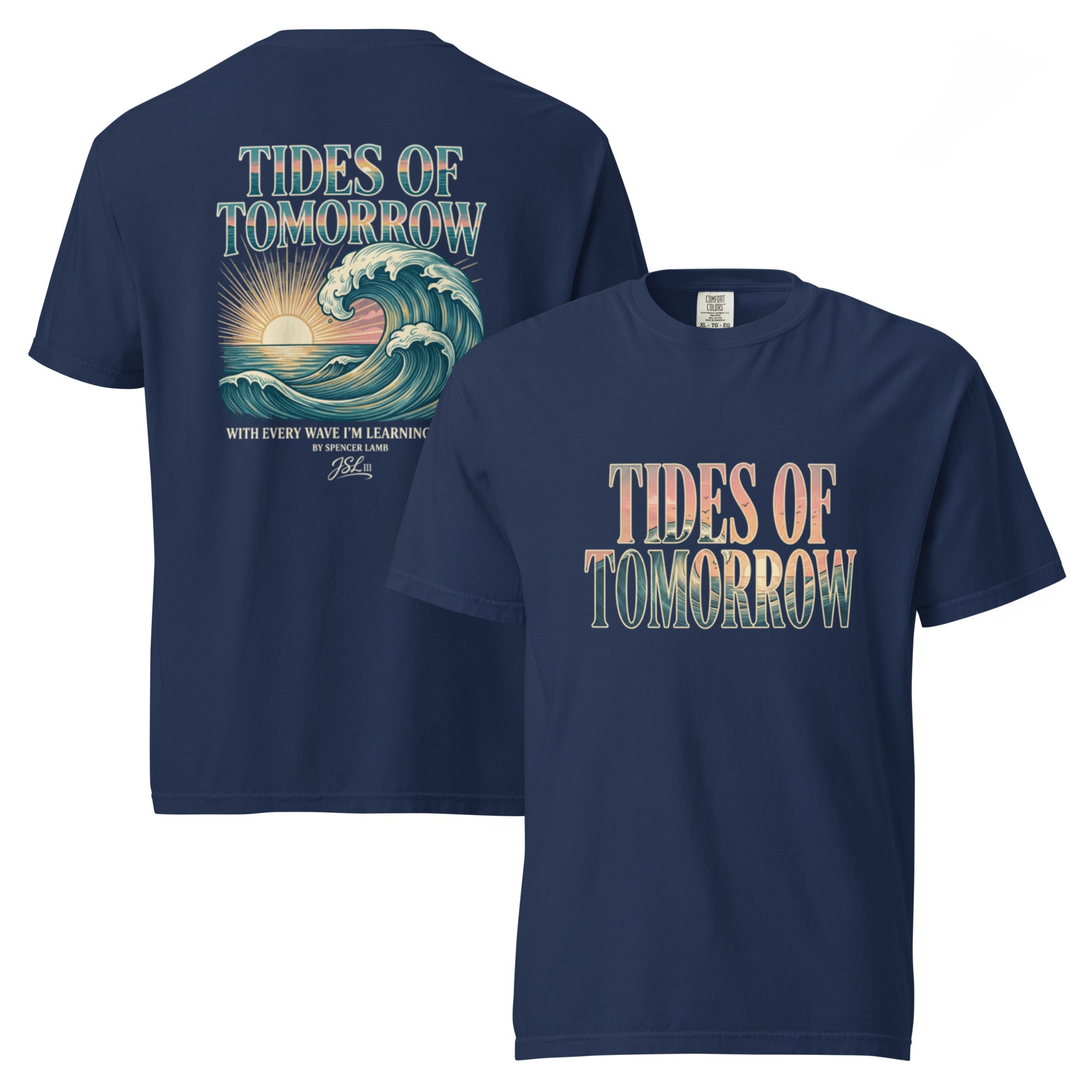 Navy unisex lyric T-shirt with “Tides of Tomorrow” wave graphic, short sleeves