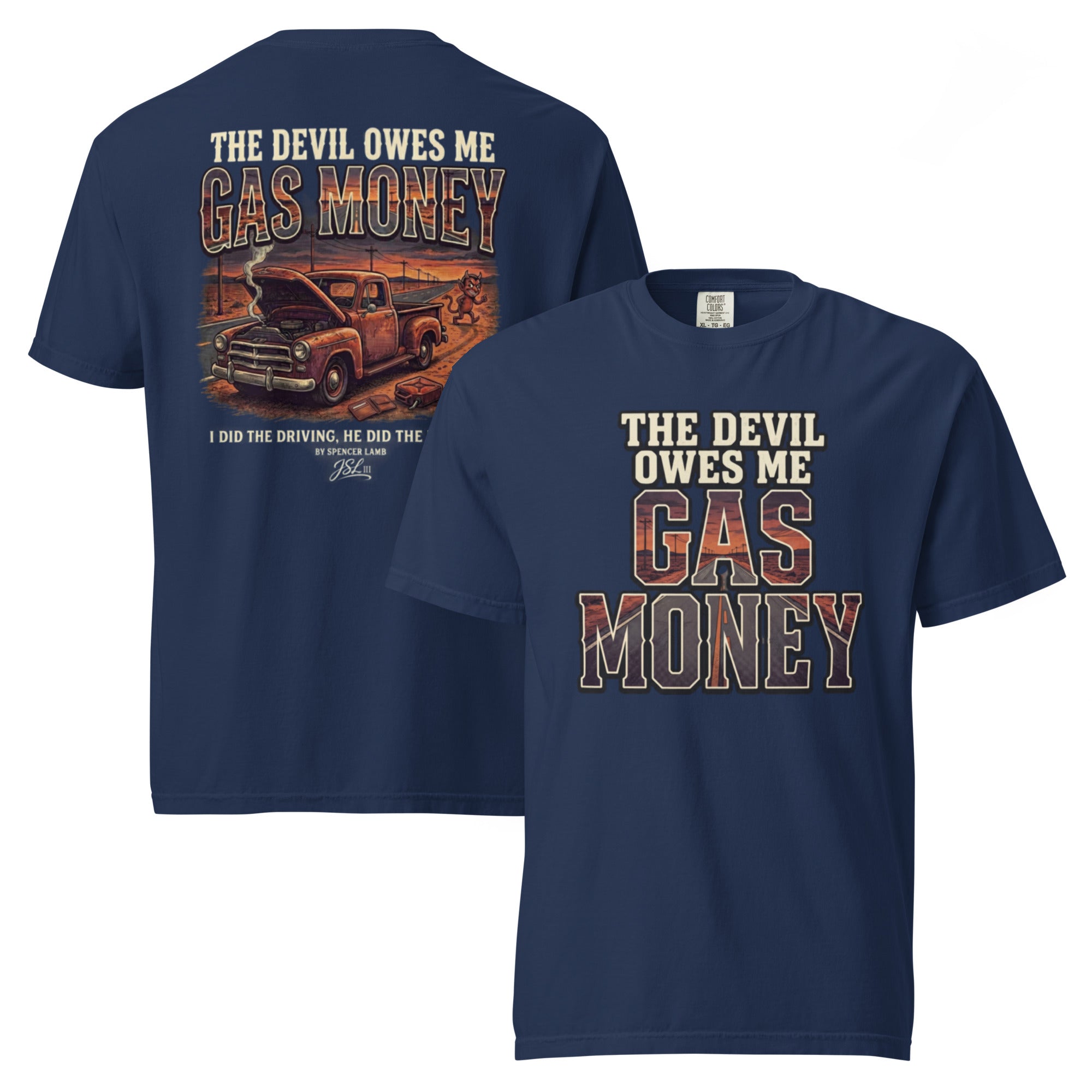 Navy unisex T-shirt with Gas Money truck graphic and lyric text